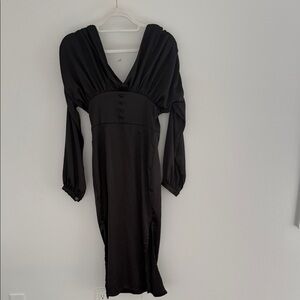 Black Satin Long Sleeve Midi Dress with Slit Size 2 Evening Date Night